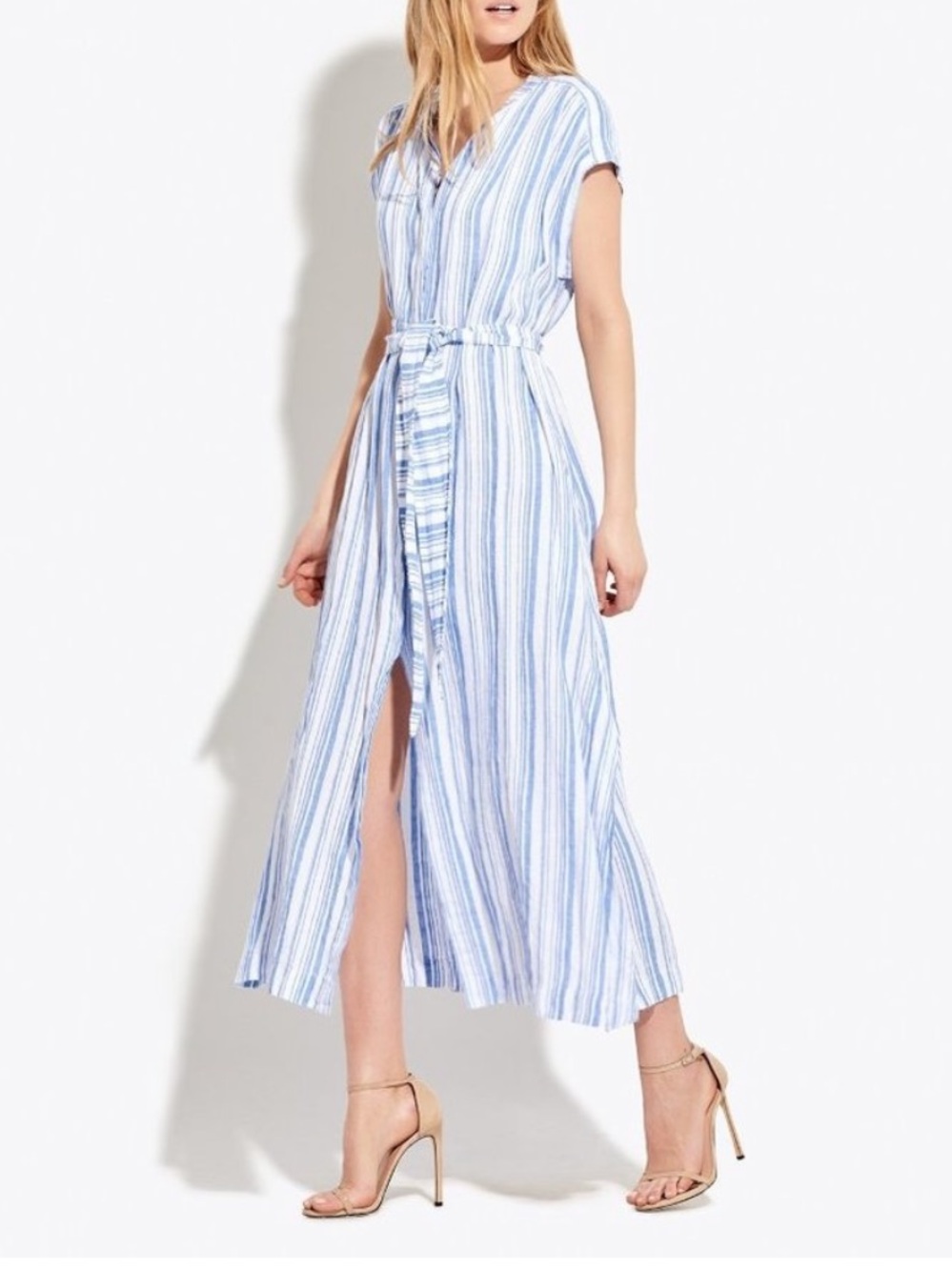 AYR Blue and White Striped Linen Belted  Dress